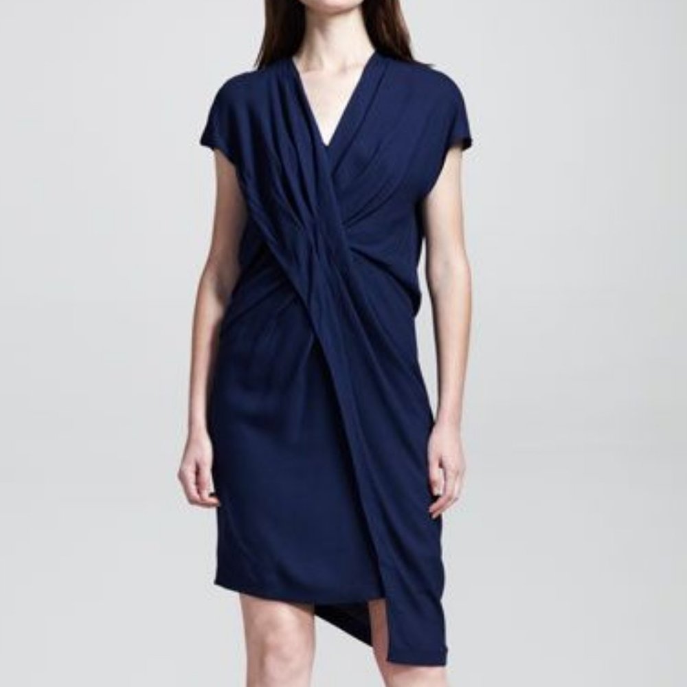 HELMUT Helmut Lang Angled Pintuck-Front Dress blue wool blend size 6 wrap draped